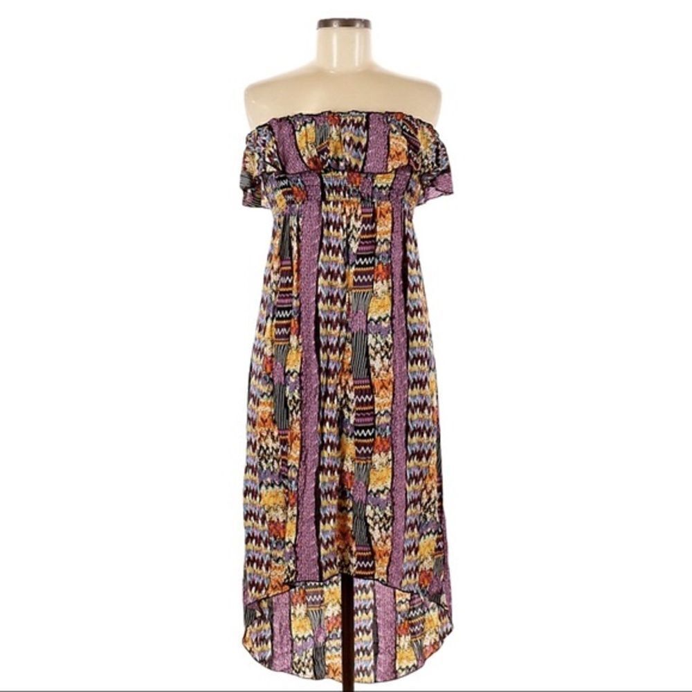 🌺 Poetry Boho Tribal Print Strapless Smocked Hi Low Midi Dress Size M